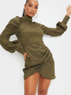 Khaki Long Puff Sleeve High Neck Bodycon Dress