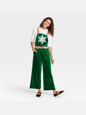 Women's Ugly Holiday Snowflake Velour Sleeveless Graphic Jumpsuit - Green