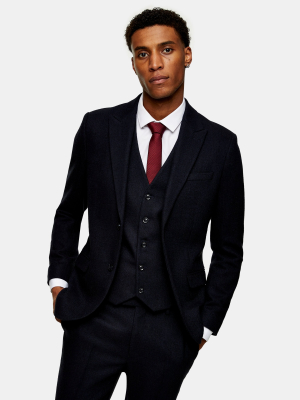 Navy Herringbone Single Breasted Skinny Suit Blazer With Peak Lapels