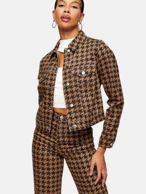 Brown Houndstooth Print Denim Fitted Jacket