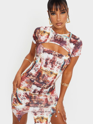 Multi Grunge Print Slinky Cut Out Ruched Split...