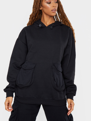 Black Oversized Double Pocket Front Hoodie