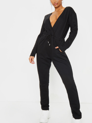 Black Wrap Over Long Sleeve Sweat Jumpsuit