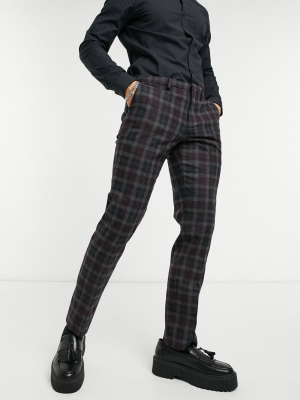 Shelby & Sons Slim Fit Suit Pants In Gray And Burgundy Check