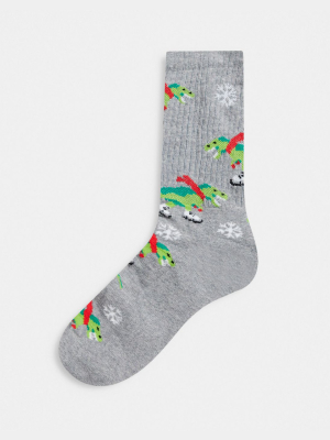 Asos Design Sport Sock With Ice Skating Dinosaur