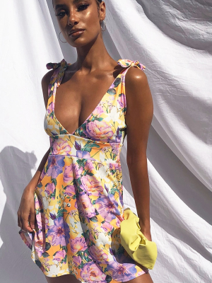 Yellow Floral Print Tie Shoulder Skater Dress