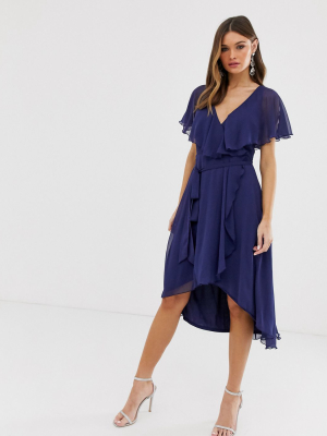 Asos Design Cape Back Dipped Hem Midi Dress In Navy