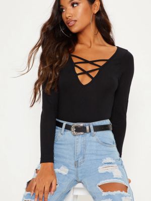 Maisey Black Lace Up Jersey Thong Bodysuit