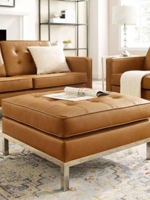 Knoll Style Tufted Leather Ottoman In Tan