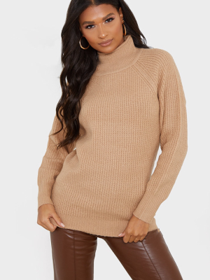 Camel Balloon Sleeve Longline Knitted Sweater