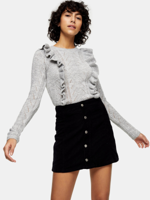 Grey Marl Ruffle Front Pointelle Knitted Sweater