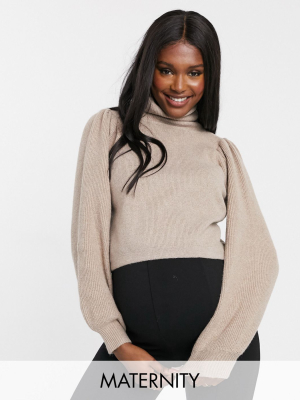 Pieces Maternity Sweater With Puff Sleeves And High Neck In Camel