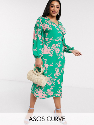 Asos Design Curve Wrap Midi Tea Dress With Bright Floral