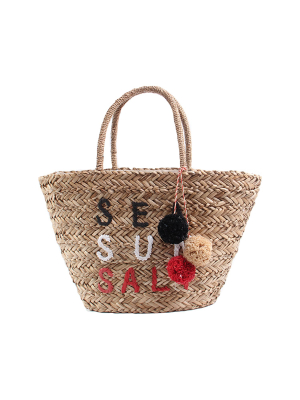 'sea Sun Salt' Rattan Pom Pom Bag