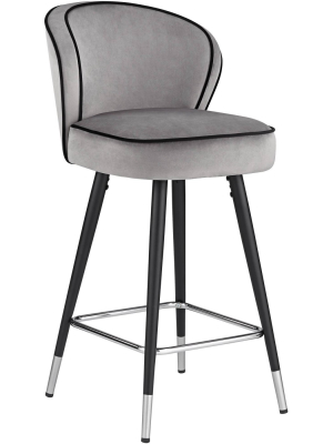 Studio 55d Elba 27 3/4" Gray Velvet With Black Piping Counter Stool