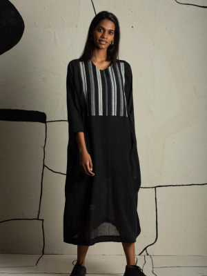 Striped-yoke Black Dress