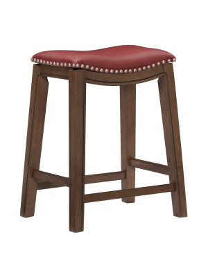 Homelegance 24-inch Counter Height Wooden Bar Stool With Solid Wood Legs And Faux Leather Saddle Seat Kitchen Barstool Dinning Chair, Brown And Red