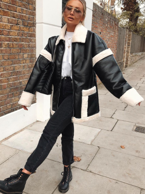 Black Faux Fur Trim Oversized Jacket