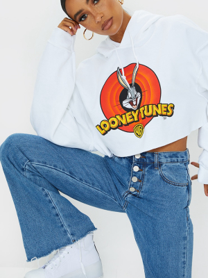 White Looney Tunes Printed Crop Hoodie