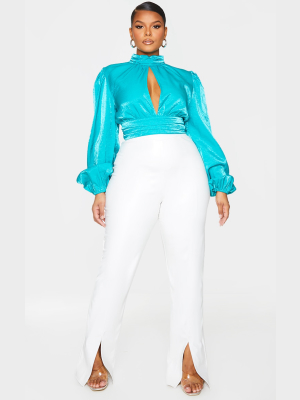 Plus Turquoise Satin Puff Sleeve Tie Waist Crop...