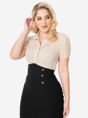 Unique Vintage Cream & Black Clip Dot Caroline Blouse