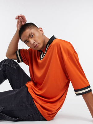 Asos Design Oversized Polo Shirt With Retro Neck Tipping In High Shine Fabric