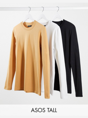 Asos Design Tall 3 Pack Long Sleeve Muscle Fit T-shirt