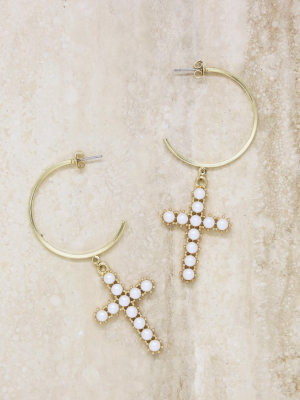 Pearl Cross 18k Gold Plated Hoop Earrings