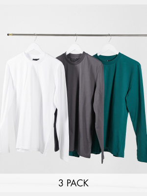 Asos Design 3 Pack Long Sleeve T-shirt With Crew Neck