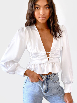 White Satin Ruched Button Waist Blouse