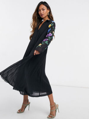 Asos Design Pleated Midi Shirt Dress With Embroidered Sleeves In Black