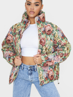 Multi Floral Jacquard Puffer Jacket