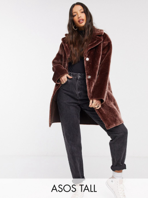 Asos Design Tall Bonded Plush Overcoat In Brown