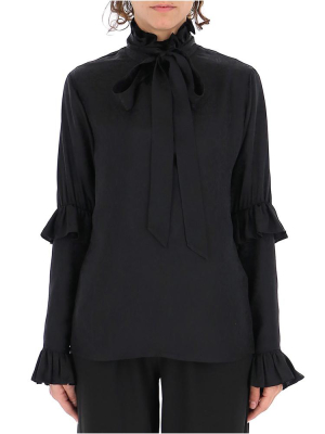 Saint Laurent Jacquard Pussybow Ruffled Blouse