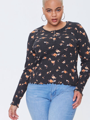 Plus Size Floral Print Henley Top