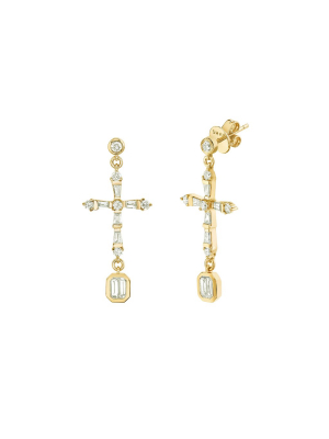 Cross Diamond Drop Earrings - Yellow Gold