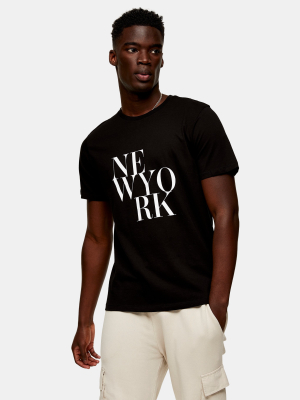 New York Text Print T-shirt In Black