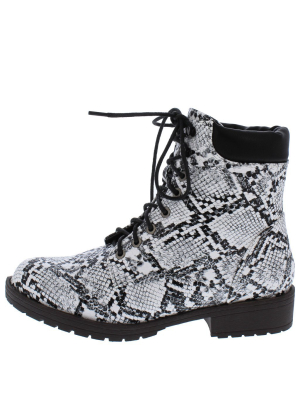 Roadside White Snake Lace Up Lug Sole Boot