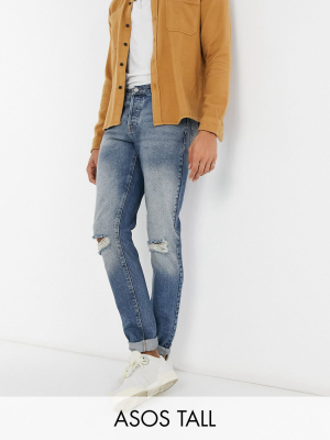 Asos Design Tall Slim Jeans In Vintage Mid Wash Blue With Knee Rips