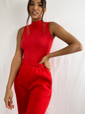 Red Rib High Neck Long Top