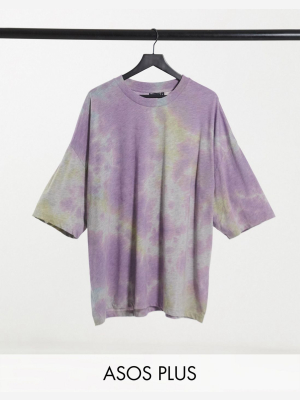 Asos Design Plus Oversized T-shirt With Half Sleeve In Gray Marl Tie Dye Wash