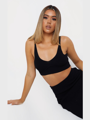 Black Bust Detail Ribbed Knitted Cropped Top