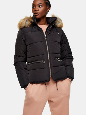 Black Faux Fur Hooded Padded Puffer Jacket