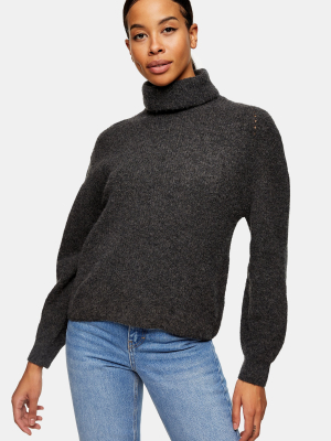 Charcoal Gray Roll Neck Knitted Sweater