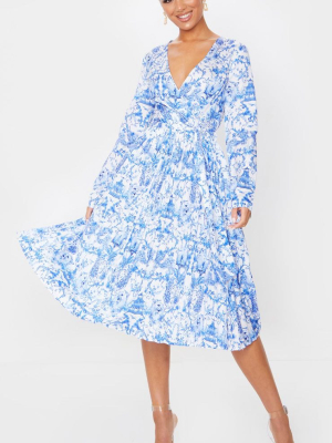 Blue Porcelain Print Long Sleeve Pleated Midi...