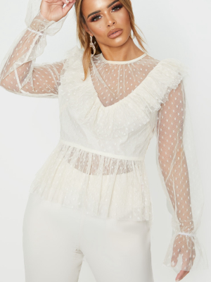 Petite Cream Dobby Mesh Frill Long Sleeve Blouse