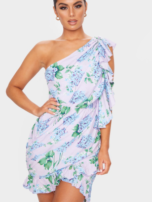 Lilac Floral Print Ruffle Detail One Shoulder...