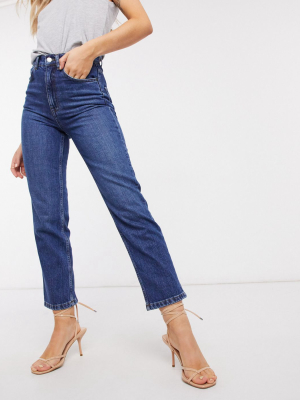 Asos Design High-rise Stretch 'slim' Straight Leg Jeans In Dark Wash