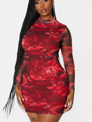 Shape Red Printed High Neck Mesh Bodycon Dress