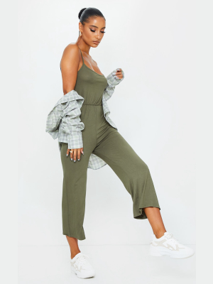 Khaki Strappy Jersey Culotte Jumpsuit